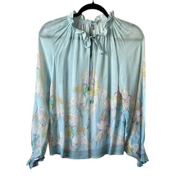 NWT Anthropologie Blank Ice Blue Floral Long Sleeve Chiffon Blouse XS Reg. $143 - Picture 4 of 12